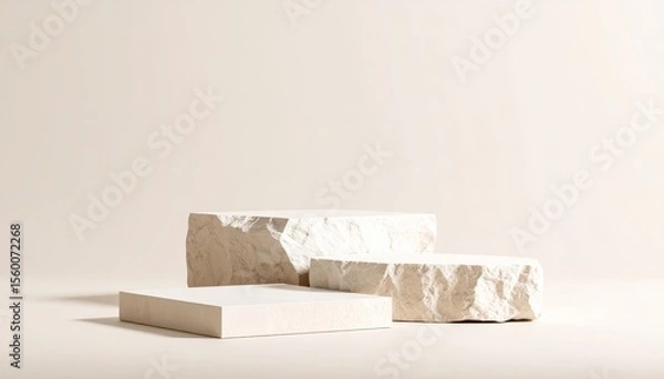 Obraz Minimalist display of three white marble blocks with smooth and rough textures on a neutral background, highlighting natural stone beauty and geometric shapes.