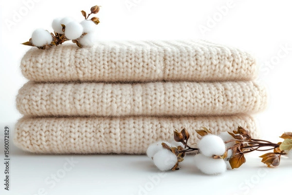 Fototapeta Stack of soft beige knitted wool blankets with cotton branches on top