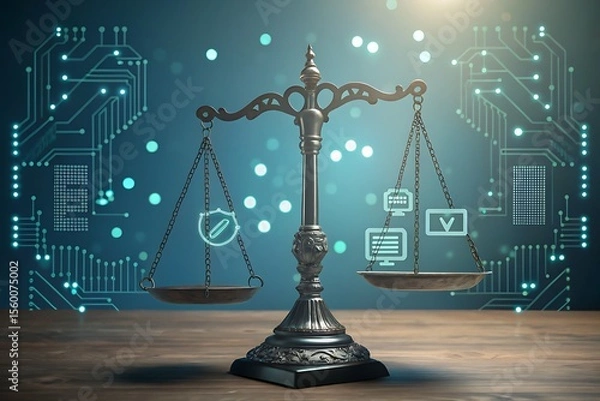Fototapeta A digital representation of balanced scales symbolizes justice and law, set against a backdrop of glowing data and technological elements. AI