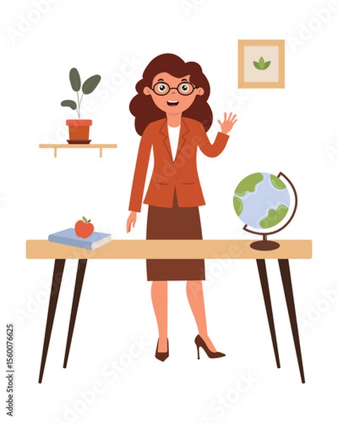 Obraz Friendly teacher greeting in a colorful classroom with a globe, plant, and learning materials. Flat style vector illustration. Cartoon character