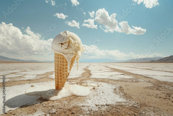 Obraz Melting ice cream cone on a dry landscape under a bright blue sky with fluffy clouds in the distance. Generative AI