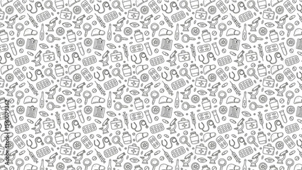 Fototapeta Seamless pattern of medical icons in black and white featuring various healthcare related symbols
