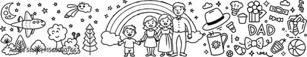 Fototapeta Vector art of a happy family with gifts and a rainbow in a handdrawn illustration isolated on transparent background