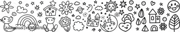 Fototapeta Vector art of a cheerful collection of cute handdrawn elements including animals and nature isolated on transparent background