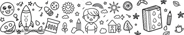 Fototapeta Vector art of a cute boy with spacethemed doodles, including a rocket, stars, and a house, isolated on transparent background