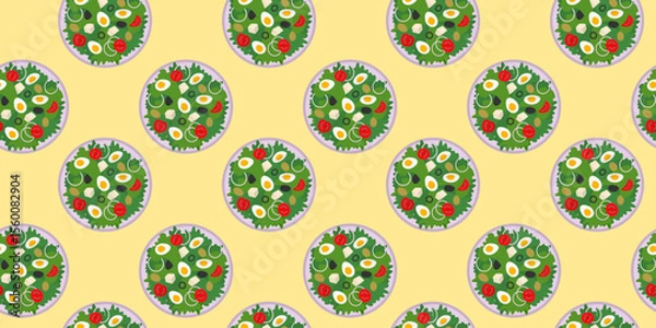 Fototapeta Hard Boiled Egg slices and Vegetables Salad Seamless Pattern Healthy Food Banner or leaflet Backdrop