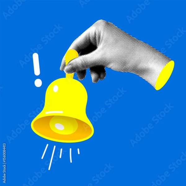 Fototapeta Halftone hand holds a bell. Danger alert notification. Calling attention. Important message. Ringing bell. Modern collage