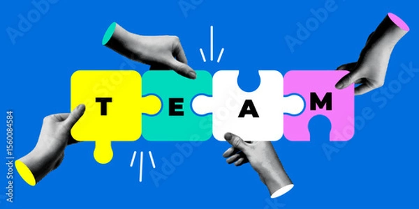 Fototapeta Halftone hands holding puzzle pieces with inscription Team. Concept of team building, teamwork. People connecting jigsaw puzzle elements. Collaboration of different people. Modern collage