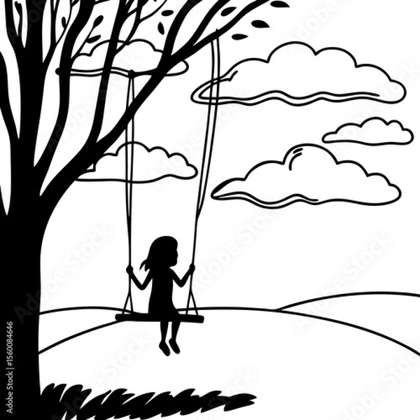 Obraz Child girl silhouette swinging on tree swing in park nature landscape black and white illustration vector art childhood memories