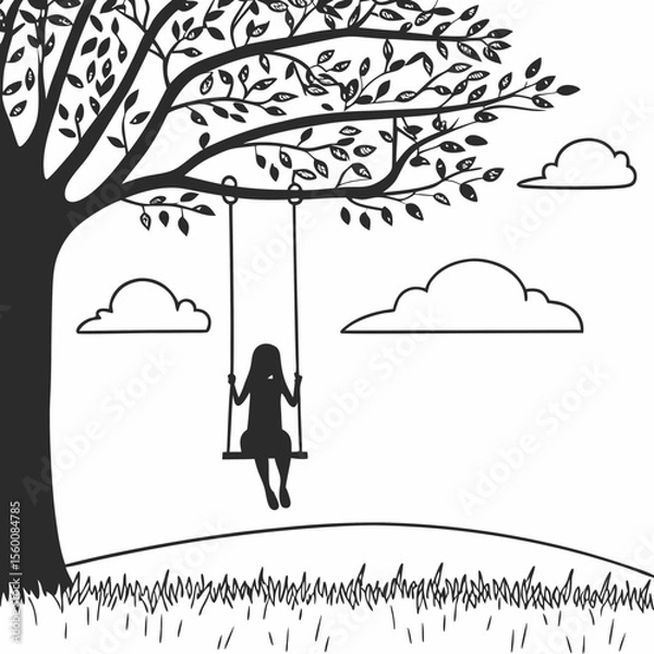 Obraz Child playing on tree swing in park black and white silhouette illustration with clouds and grass simple line art drawing