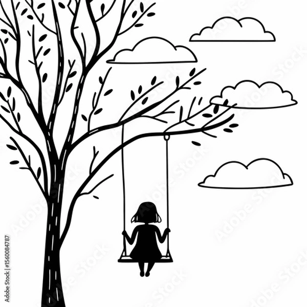 Obraz Simple line drawing of child on tree swing silhouette black and white minimal illustration for coloring book or kids activity