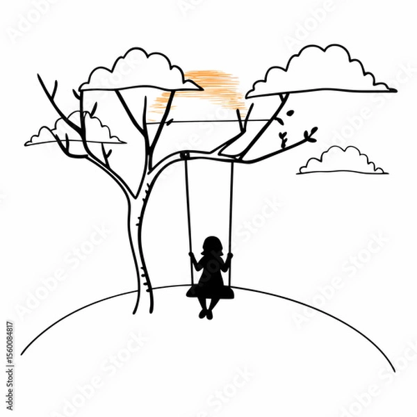 Obraz Child silhouette swinging on tree swing outdoors minimalist line art illustration with clouds and sun simple black white drawing