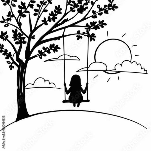 Obraz Child on tree swing silhouette black and white line art drawing with sun and clouds peaceful outdoor nature scene illustration