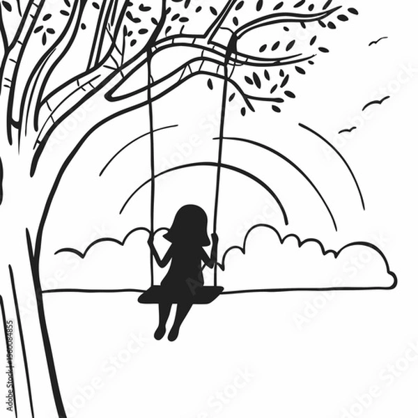 Obraz Child silhouette swinging under tree with umbrella in dreamy outdoor scene black and white line art illustration for kids