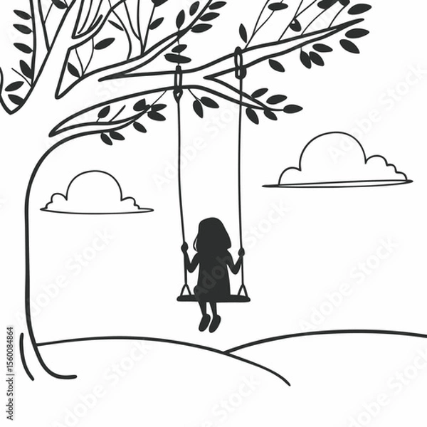Obraz Simple line drawing of child on tree swing silhouette with clouds peaceful outdoor scene black and white illustration vector art