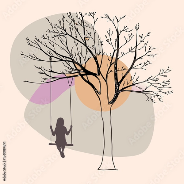 Obraz Child on swing under bare tree in autumn minimalist illustration vector art design with abstract colorful background shapes