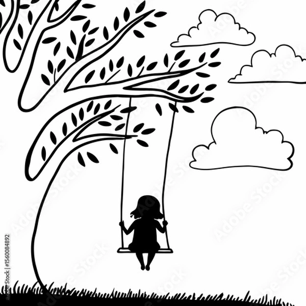 Obraz Child silhouette swinging on tree swing in peaceful nature scene black and white line art illustration for coloring book