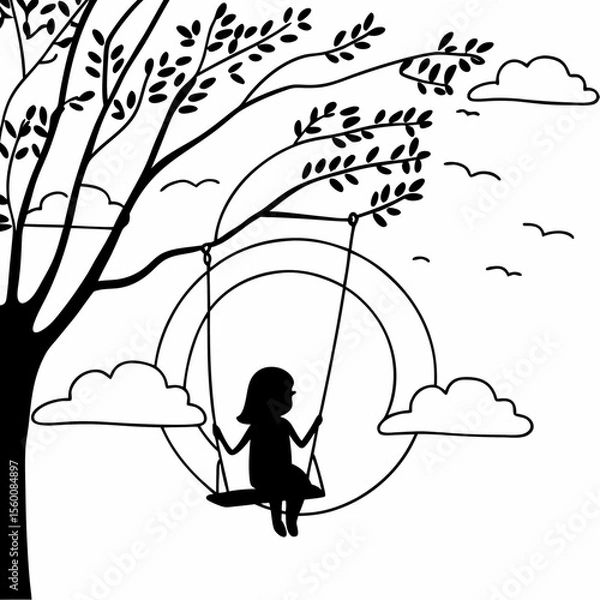 Obraz Child silhouette on swing under tree branches with clouds peaceful nature scene black and white line art illustration drawing