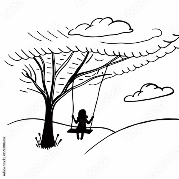 Obraz Simple black and white line drawing of child on tree swing under cloudy sky peaceful outdoor scene vector illustration