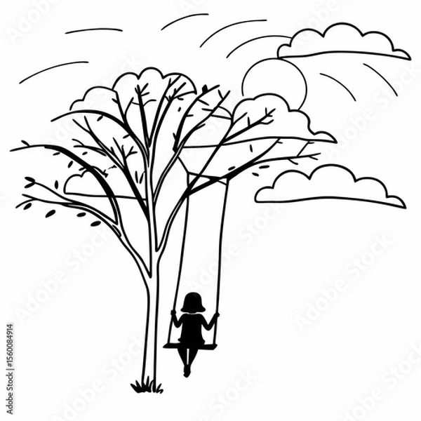 Obraz Simple line drawing of child on tree swing in park with clouds black and white coloring page illustration for kids activities
