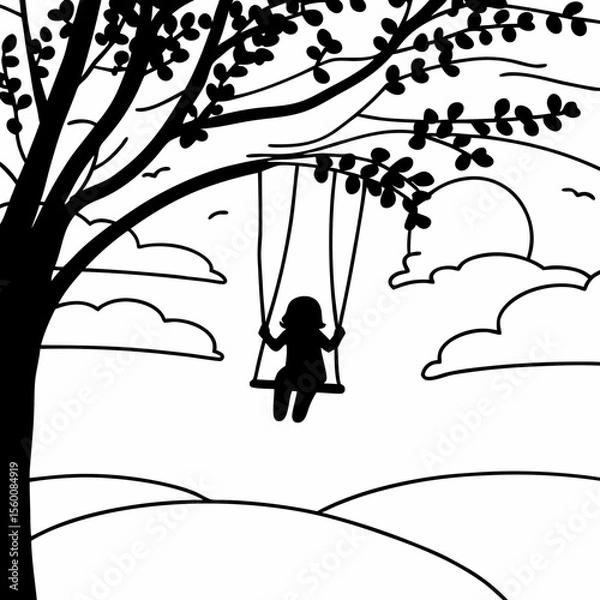 Obraz Child on tree swing silhouette black and white illustration with clouds and branches simple line art drawing for kids books