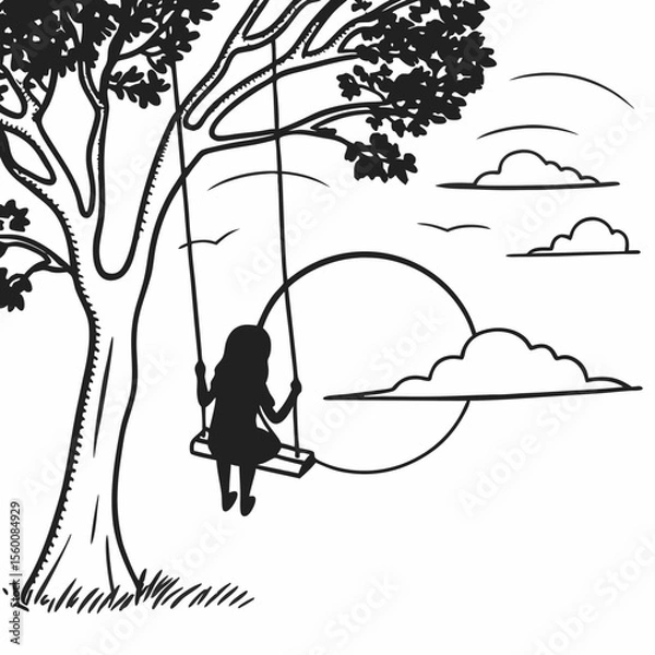 Obraz Child on tree swing silhouette black and white illustration peaceful outdoor scene nature landscape with clouds and grass