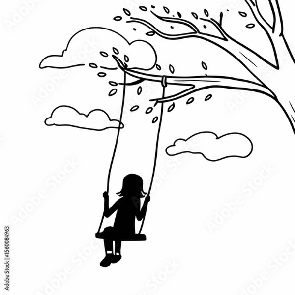 Obraz Child silhouette on tree swing simple line art black and white drawing childhood outdoor play vector illustration design