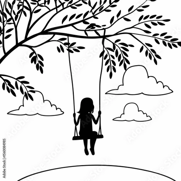 Obraz Child silhouette on tree swing under branches black and white line drawing illustration vector art nature outdoor scene