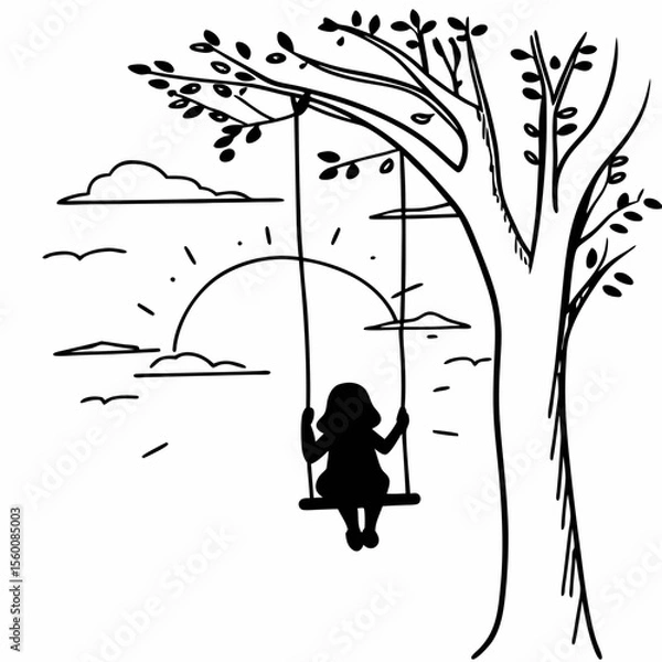 Obraz Child silhouette on tree swing in peaceful nature landscape black and white line art illustration for coloring book pages