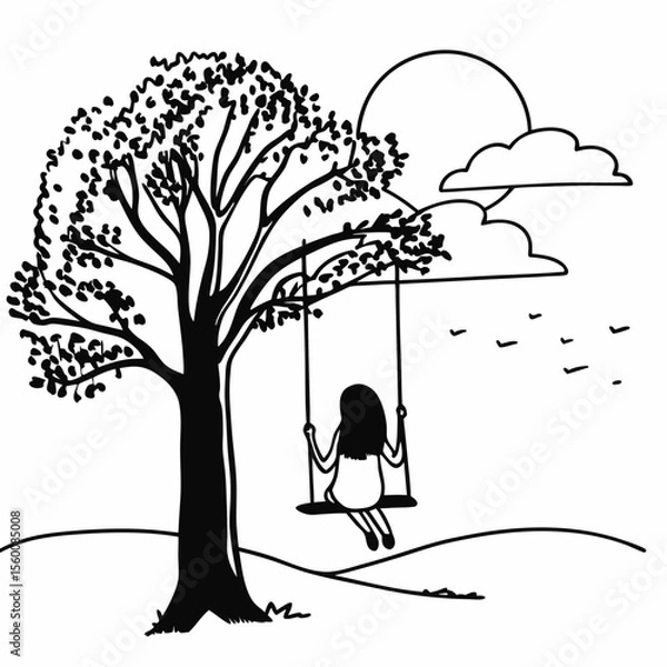 Obraz Simple black and white line drawing of girl on tree swing under cloudy sky minimalist illustration vector art coloring book page