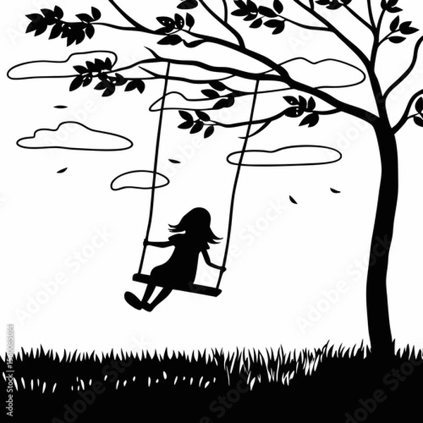 Obraz Child silhouette swinging on tree swing in peaceful park setting with clouds and grass black and white illustration vector