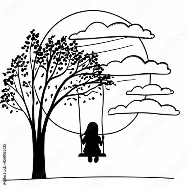 Obraz Child on tree swing silhouette black and white illustration with clouds peaceful outdoor scene vector art design element
