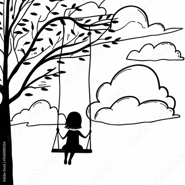 Obraz Child on tree swing silhouette black and white illustration with clouds and branches for children book design and storytelling