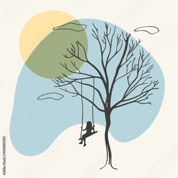 Obraz Child swinging on tree swing in minimalist vector illustration with colorful abstract shapes and sun in background