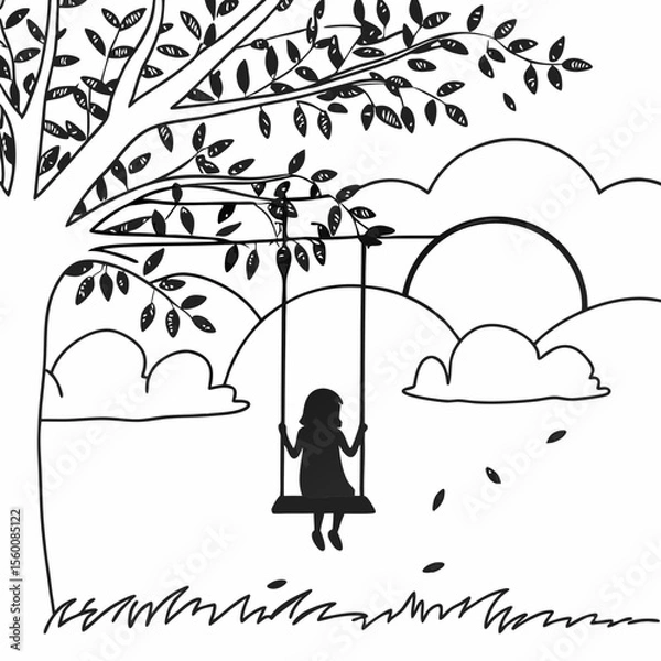 Obraz Child on tree swing silhouette black and white line art drawing nature outdoor scene coloring book style illustration vector