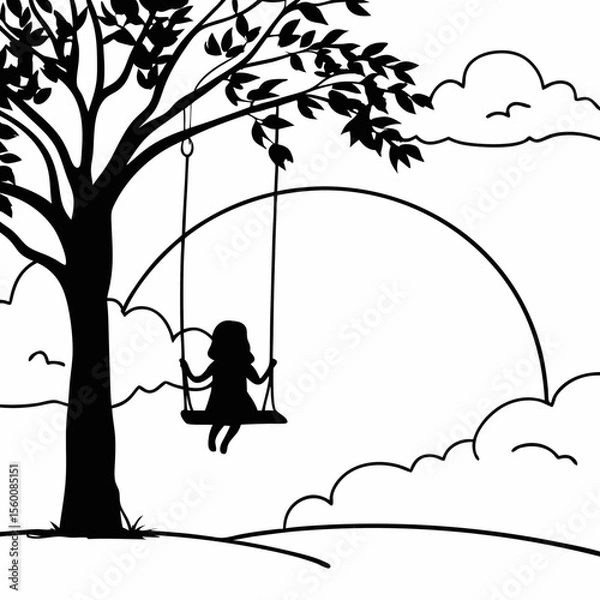Obraz Silhouette of child girl on tree swing at sunset with clouds simple black and white illustration vector art design concept