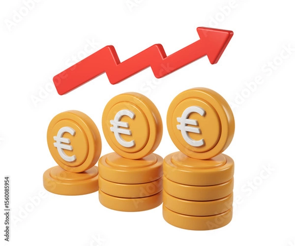 Fototapeta 3d render icon Euro growth stacks climbing beside red upward arrow, backdrop financial coin and investment success against transparent symbolizing