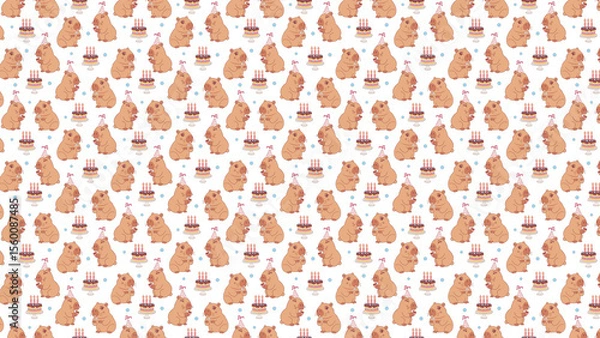 Fototapeta Seamless pattern featuring capybaras with party hats and birthday cakes on a white background design