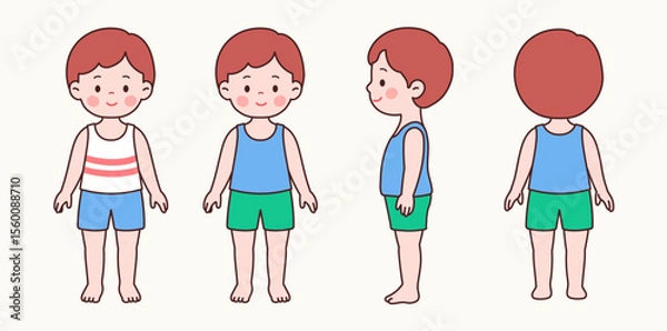 Fototapeta Front, Back, and Side View Set of a Cute Little Boy in Summer Outfit – Sleeveless Shirt and Shorts