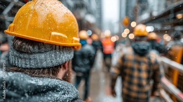 Obraz Tower crane towering above a busy building site with workers wearing safety gear --chaos 100 