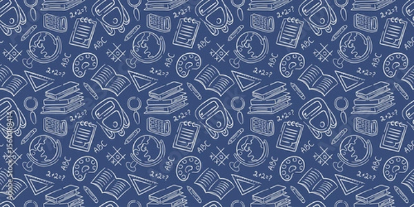 Fototapeta Back to school seamless pattern in doodle style. Sketch object stationary of pencil, pen, book, backpack, ruler, globe on a blue background.
