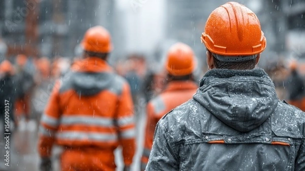 Obraz Tower crane towering above a busy building site with workers wearing safety gear --chaos 100  