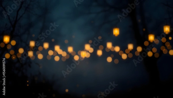 Fototapeta Ephemeral Lights: A series of glowing, golden lanterns casts a magical ambiance against a soft, atmospheric backdrop of dusk, evoking a sense of wonder and tranquility.