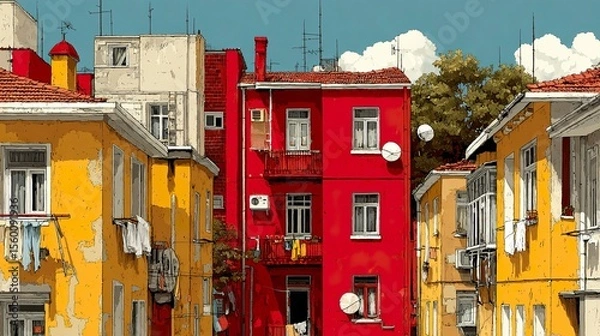 Obraz Urban architecture featuring multi-story buildings in warm tones of red and yellow --chaos 100 