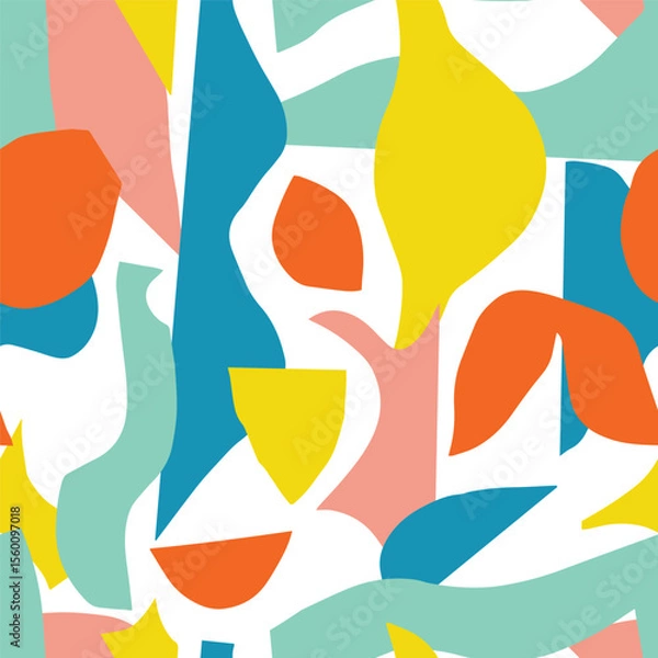 Fototapeta Seamless abstract pattern with colorful organic cutout shapes. Modern collage style background. Perfect for fabric, wallpaper, wrapping paper, stationery, branding, and digital design
