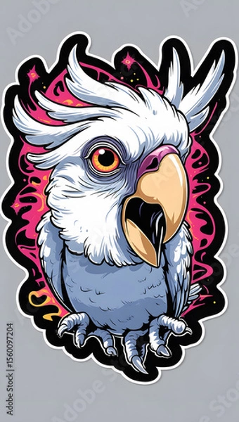Fototapeta illustration of a parrot with mystical energy. Designed in a psychedelic cartoon sticker style with thick black lines,