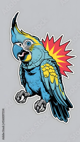 Fototapeta illustration of a parrot with mystical energy. Designed in a psychedelic cartoon sticker style with thick black lines,
