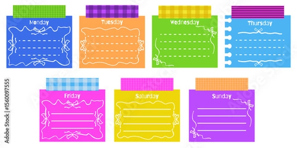 Fototapeta Coquette Daily Planner template design. Vector illustration of playful Coquettish style Day plan with bows and ribbons. Perfect girly child colored Planner list set. EPS 10