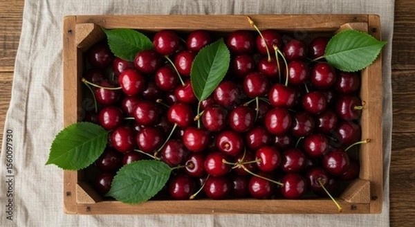 Obraz wooden crate of freshly harvested ripe red cherries, with green leaves still attached
