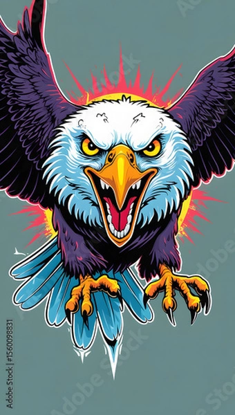Fototapeta illustration of an eagle with mystical energy. Designed in a psychedelic cartoon sticker style with thick black lines,